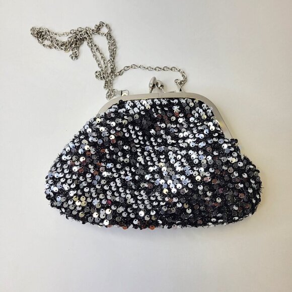 Silver Sequin Clutch Purse Evening Glitter Cocktail Purse Black Crossbody Clutch - Picture 2 of 12